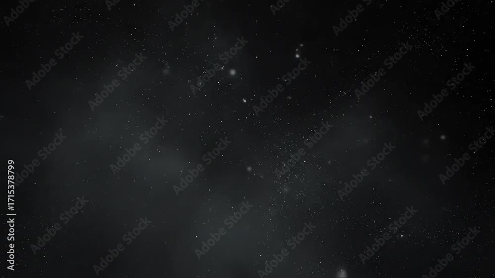 Subtle white glowing particles gently drift through a dark, foggy space, forming a calm, seamlessly looping atmospheric background foggy space, intro, minimalist