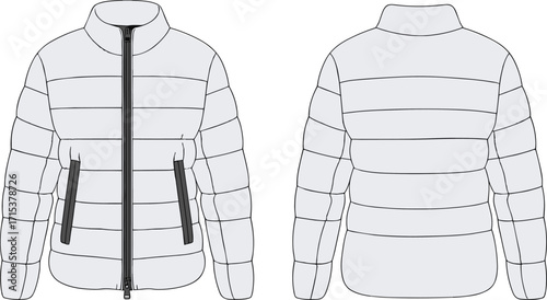 Stylish, insulated, and warm puffer jacket for men and women, featuring a full-zip front and two zippered pockets, perfect for cold weather and outdoor activities.