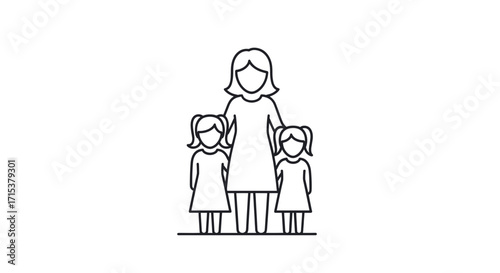 A simple black and white line art icon depicting a mother standing with her two young daughters, representing family and motherhood.