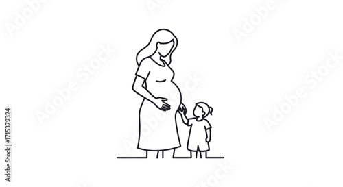 A minimalist line drawing depicts a pregnant woman standing next to a young child, symbolizing family and new life.