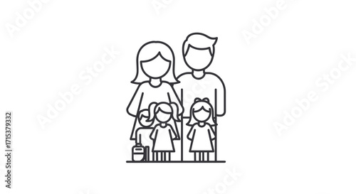 Line art illustration of a family with parents and three children, depicting a happy and united household.
