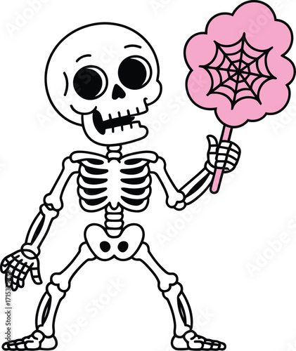 Cartoon skeleton holding pink cotton candy with spiderweb