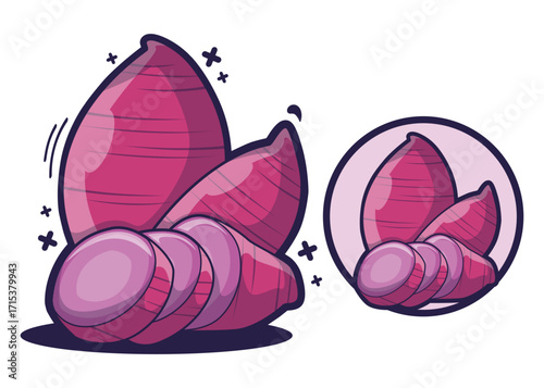 Sweet Purple Potato Cartoon Whole and Sliced ​​Vegetables