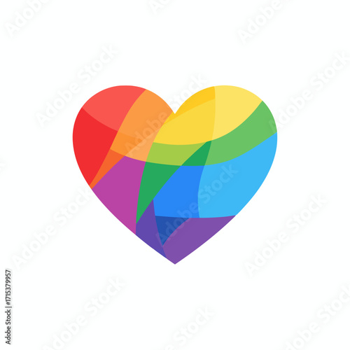 A modern, geometric heart of overlapping, translucent rainbow shapes, symbolizing complex love, community, and multifaceted diversity.