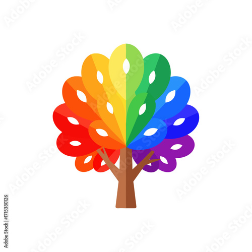 A stylized tree with vibrant, leaf-like petals in a rainbow spectrum, representing growth, diversity, life, and nature.