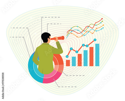 Marketing strategy concept. Businessman Using Telescope with Graphs and Charts.