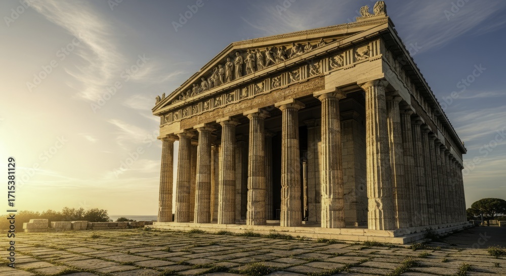 Obraz premium Majestic Ancient Greek Temple in Golden Hour Light, Featuring Classical Doric Architecture, Detailed Frieze, and Columns Against a Vibrant Sunrise or Sunset Sky