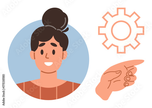 Smiling woman with bun hairstyle in profile circle, hand pointing toward gear. Ideal for guidance, user settings, problem-solving, adjustment, mentorship, teamwork focus. Simple flat metaphor