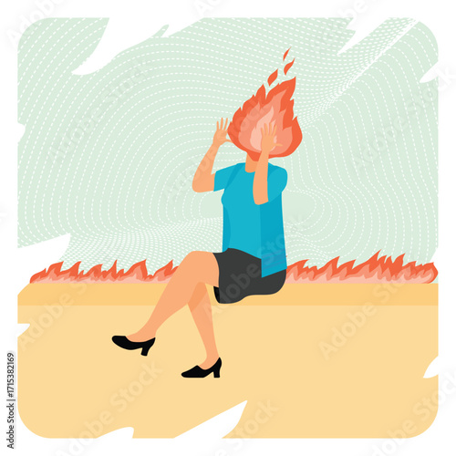 Burnout stress concept. Depicts a burning match above the head of a sitting woman.