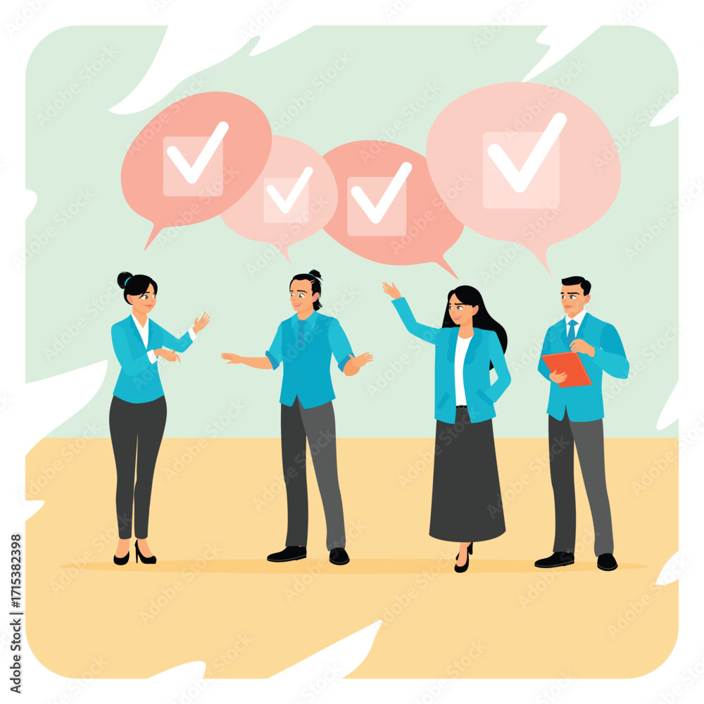 Obraz premium Team agreement concept. Business Team Discussing Ideas with Tick Speech Bubbles.