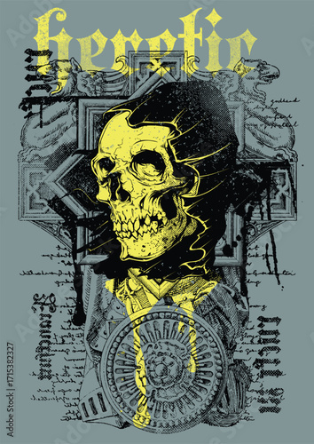 A skull wearing a helmet with a shield, text, and cross in the background.
