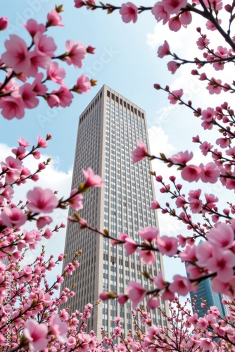 Modern city skyline featu a tall skyscraper surrounded by blooming pink cherry blossoms under a clear blue sky, captu urban nature contrast in sp