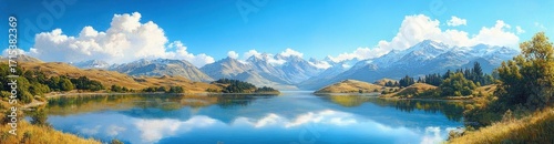 Calm lake surrounded by grassy hills and snow-capped mountains under a bright blue sky with fluffy white clouds reflecting on the water