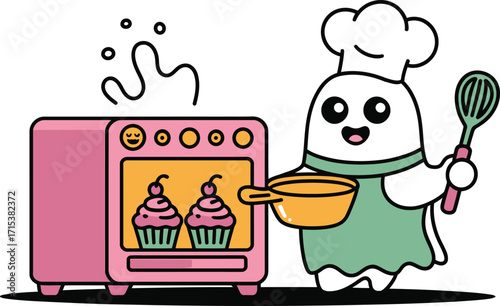 Cute ghost chef with cupcakes in oven and whisk cooking
