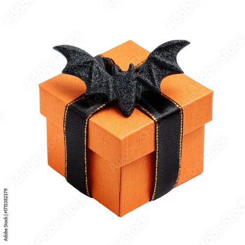 Halloween gift box with bat decoration for celebration, isolated on transparent cutout background