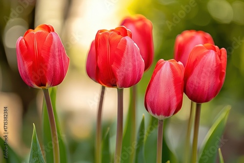 Close-up of vibrant red tulips with green stems and leaves in soft natural light creating a peaceful spring garden atmosphere
