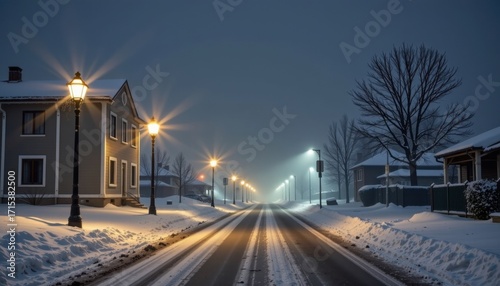Fototapeta Naklejka Na Ścianę i Meble -  Quiet snow-covered street illuminated by vintage street lamps in a small town du foggy winter night with bare trees and cozy houses under dark sky