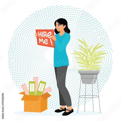 Hire me looking for job. Professional Woman Holding Hire Me Sign Seeking Employment Opportunities.