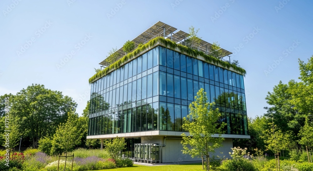 Obraz premium Sustainable modern office building with solar panels and green roof surrounded by nature