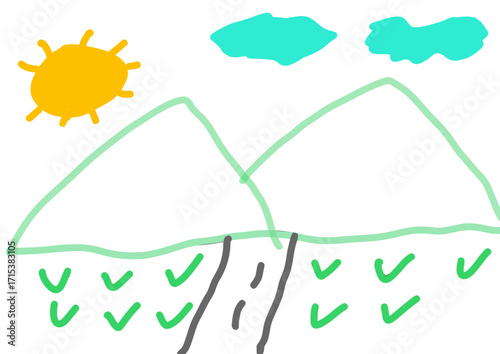 Simple Mountain Landscape with Sun, Clouds, Road, and Vegetation A Child's Drawing