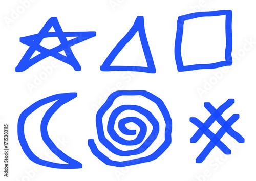 Various hand-drawn blue shapes, including a star, triangle, square, crescent, spiral, and crosshatch design