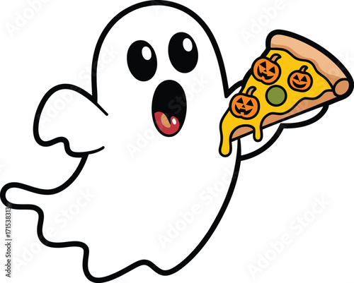 White ghost holding a slice of pizza with pumpkin faces