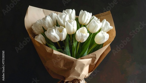 A captivating bouquet of pristine white tulips, elegantly wrapped in kraft paper, creates a serene and beautiful floral arrangement.