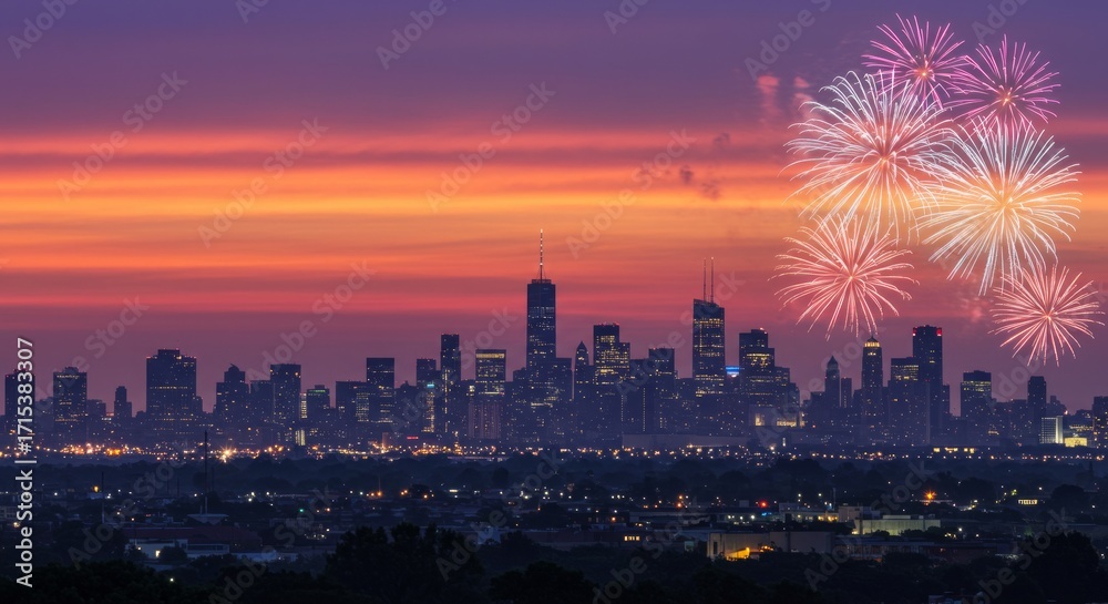 Obraz premium Diwali Fireworks USA banner background, city skyline with lights on radiant gradient