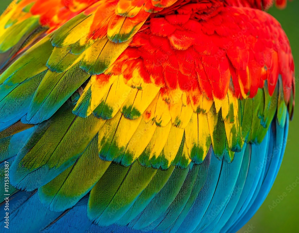 Obraz premium Vibrant plumage of a large bird, showcasing a gradient of red, yellow, green, and blue feathers