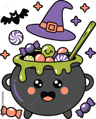 Kawaii Halloween cauldron with witch hat bat and candy