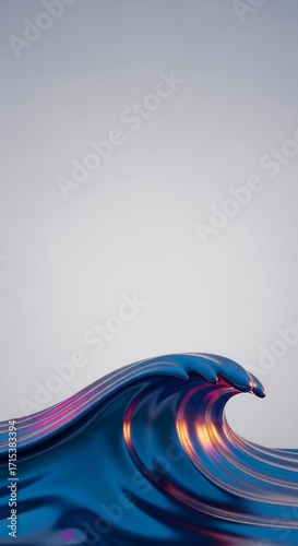 Abstract 3D render of a glossy blue liquid metal wave with pink and orange highlights. A modern, minimalist background with ample copy space.
