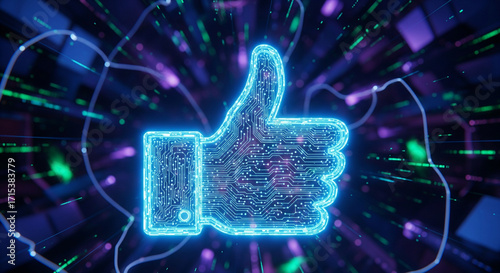 Digital Thumbs Up: Illuminated thumb's up symbol, intricately crafted with vibrant digital circuits, embodies the essence of online affirmation and connection in the digital age.