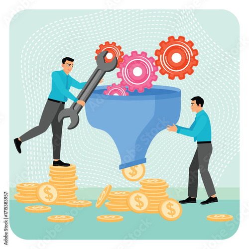 Fix process for best result concept. Businessman using wrench to optimize process better performance.