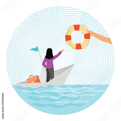 Rescue business from crisis concept. Woman on Paper Boat Reaches for Lifebuoy in Ocean.