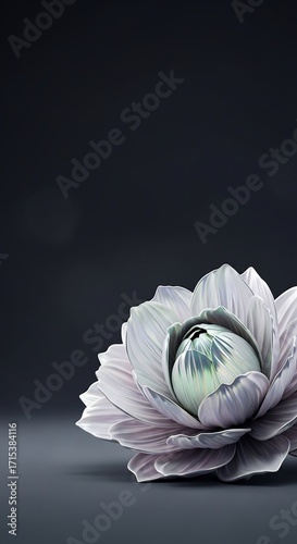 A luxurious metallic flower bud, resembling a peony, with pearlescent petals. An elegant symbol of wellness and beauty on a dark background with copy space.