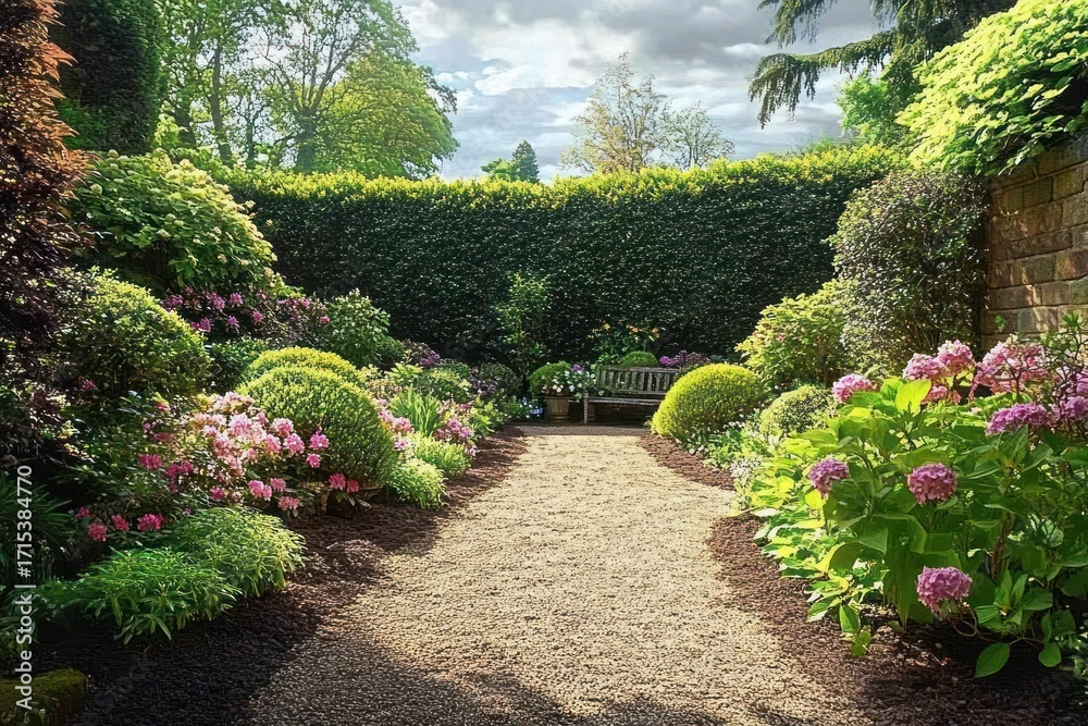 Naklejka premium Tranquil garden path lined with trimmed bushes and blooming flowers leading to a wooden bench under partially cloudy sky