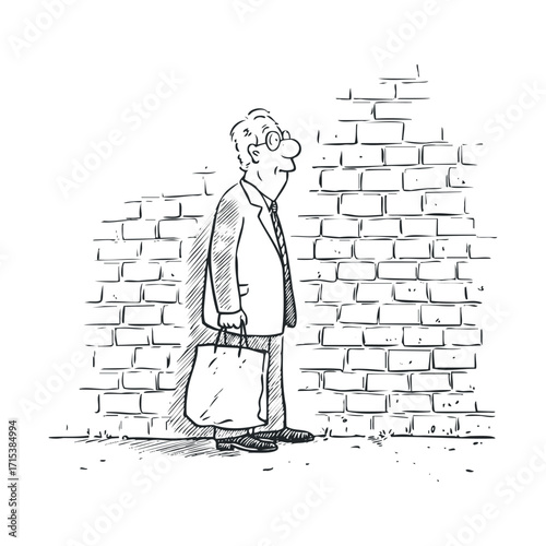 Businessman walking past a brick wall in a bustling city. Vector hand drawn illustration

