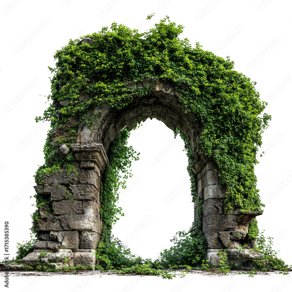 Obraz premium Ancient stone arch overgrown with lush green ivy in nature, isolated on transparent cutout background