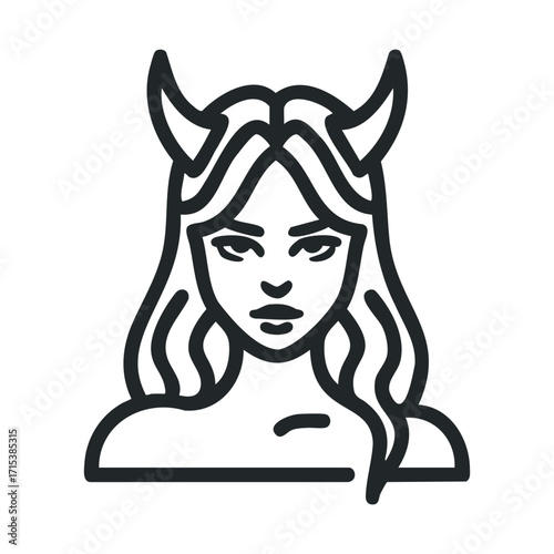 Mysterious female figure with horns and long flowing hair. Vector hand drawn illustration


