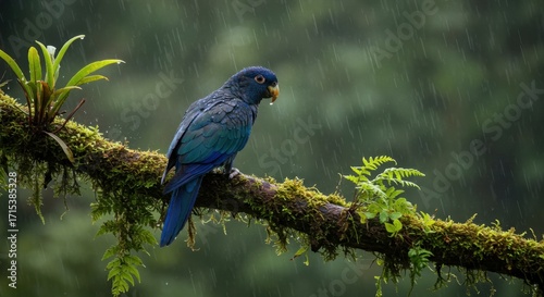Rainforest Parrot Perched on Mossy Branch in Rain and Mist