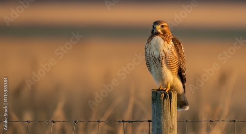 Red-tailed Hawk Perched on Fence Post During Golden Hour