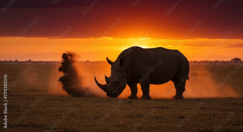 Fototapeta premium Silhueta de Rinoceronte Pastando ao Pôr do Sol na Savana Dourada