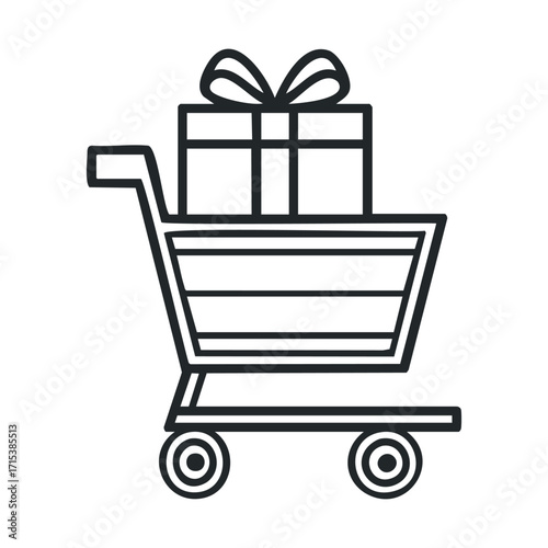 Shopping cart with wrapped gift for special occasion. Vector hand drawn illustration

