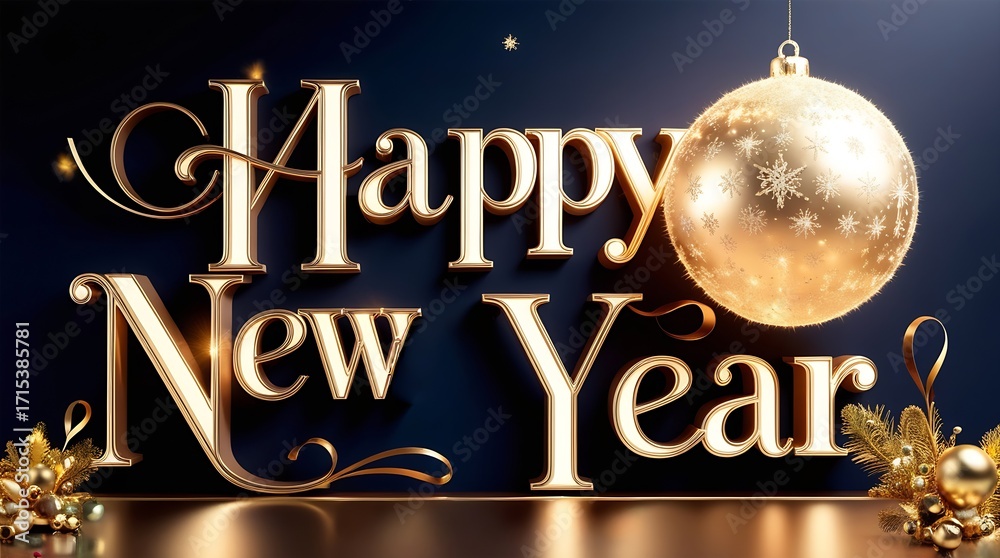 Happy New Year 3D Text in Shiny Gold Color on Festive Celebration Event Background, Modern 3D Cartoon Illustration Style for Holiday Greeting, Party Design, Decorative Banner and Seasonal Artwork