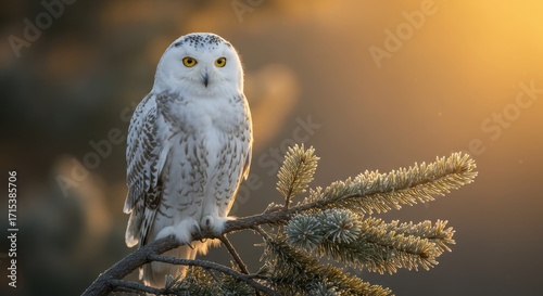 Snow Owl on Frosty Pine Branch at Golden Dawn