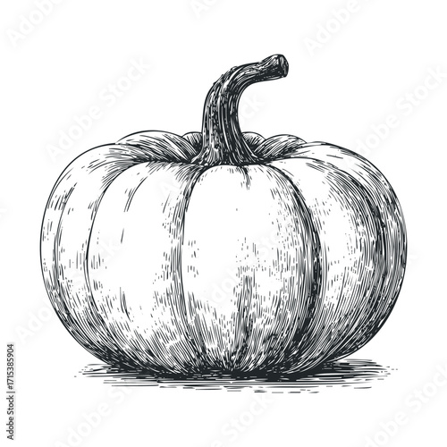 Detailed illustration of a pumpkin ideal for autumn themes and decor. Vector hand drawn illustration

