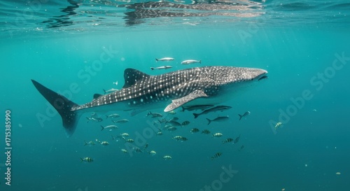 Tubarão-baleia nadando em cardume com raios de sol no oceano