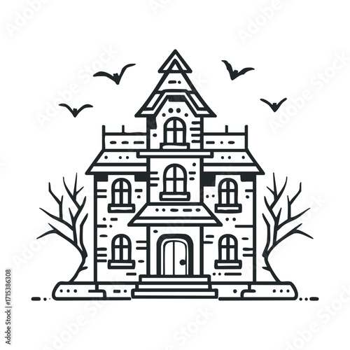 Haunted house with bats flying at dusk for Halloween decoration