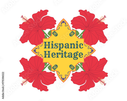 Decorative emblem for Hispanic Heritage featuring red hibiscus flowers and cultural ornamental frame, ideal for festival, tradition, cultural pride, and identity design projects