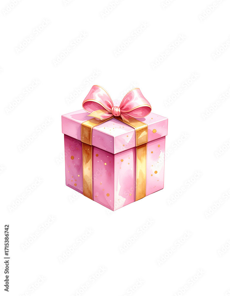 Obraz premium Pink gift box wrapped with bow and watercolor ribbon on white background